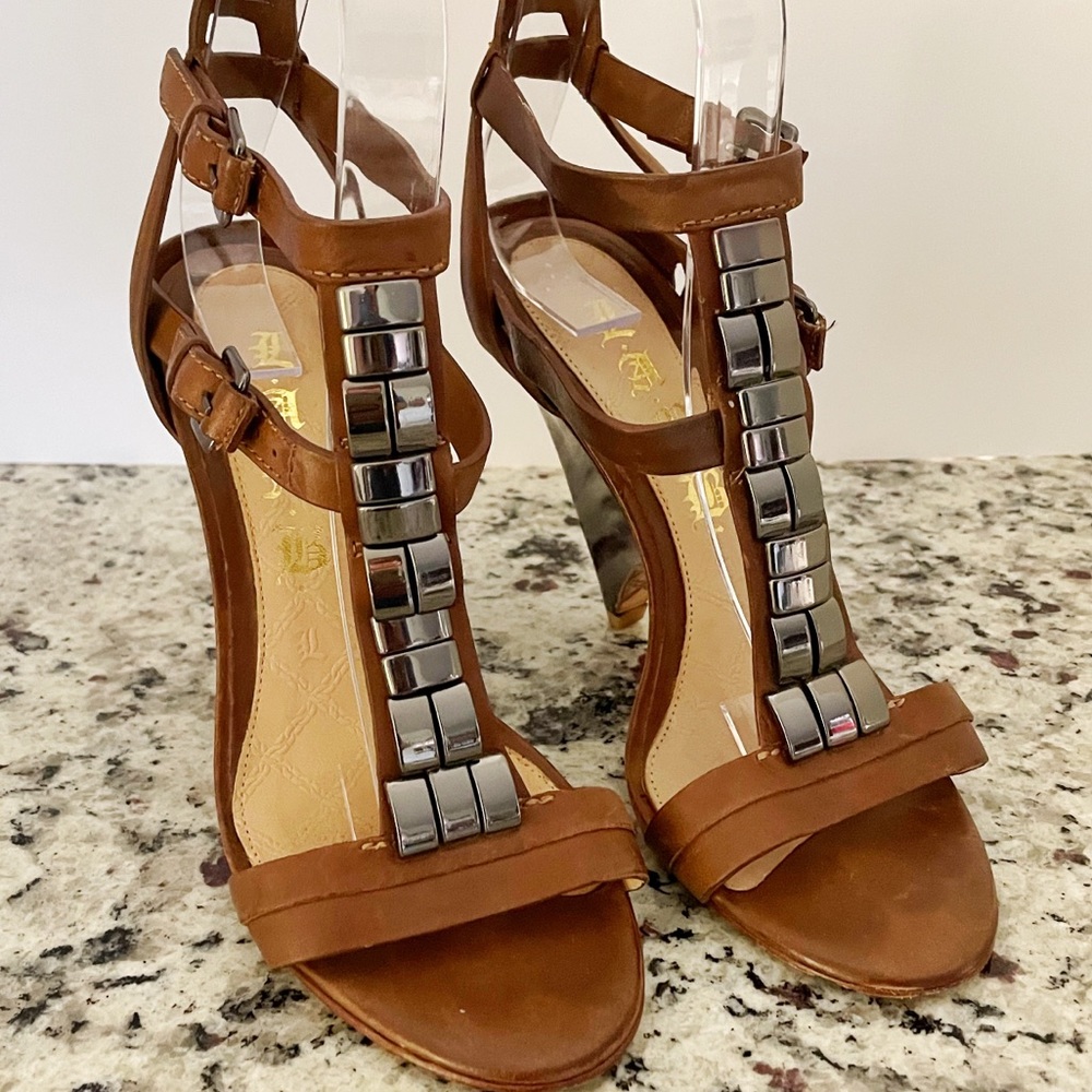 L.A.M.B. By Gwen Stefani Brown Strappy Leather Wedge Heel Sandals